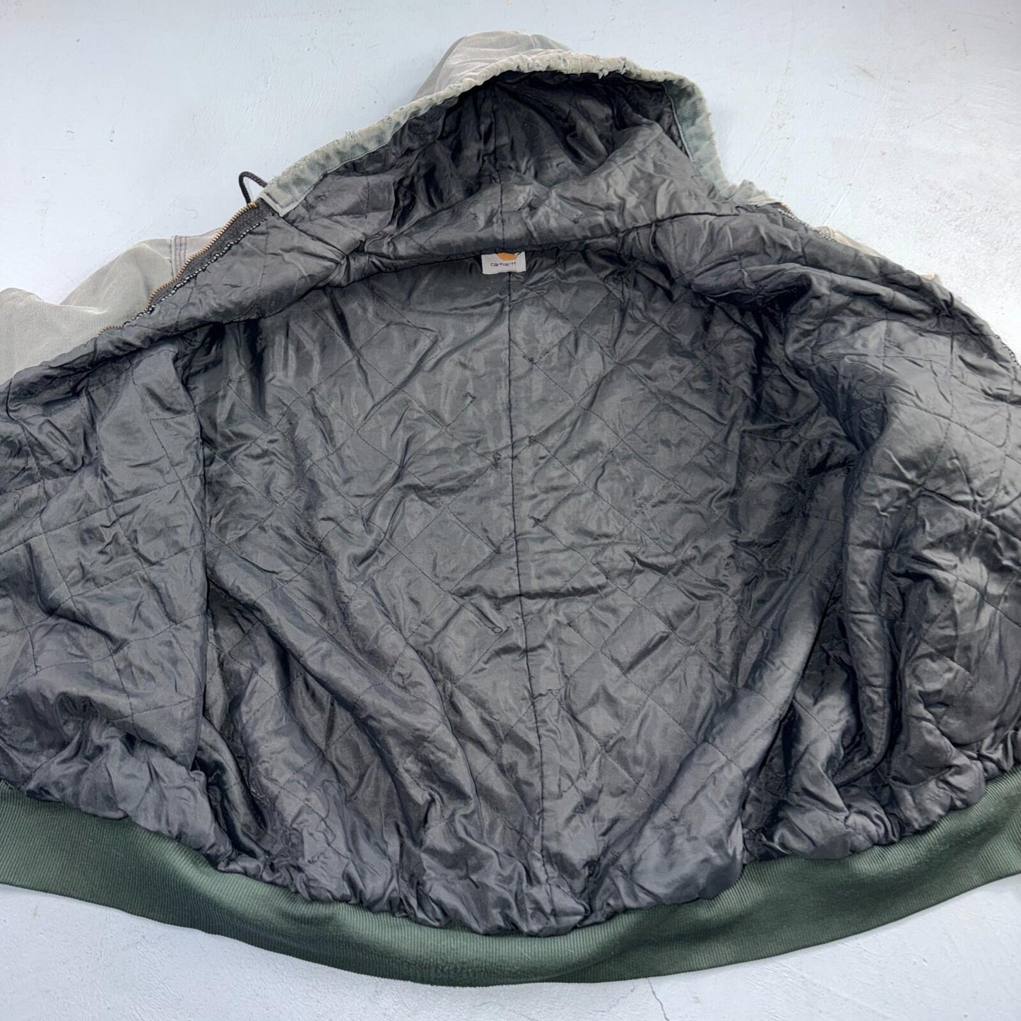 Vintage Carhartt Olive Green Hooded Jacket Bomber Coat Thrashed Faded 90s Y2K
