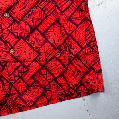 VTG 60s Ui-Maikai Hawaiian Aloha Shirt Red Black Tiki Floral Made In Hawaii M