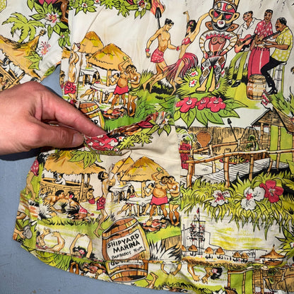 VTG 50s Hawaiian Aloha Shirt Dance Rockabilly Novelty Print Pinup Pin Up Girls