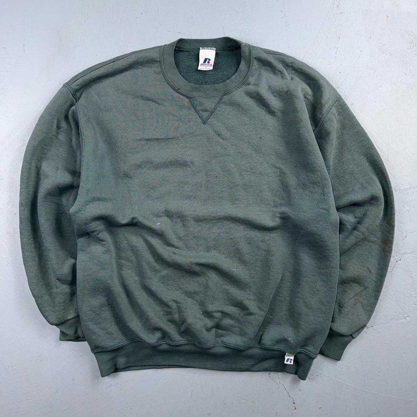 Vintage Russell Athletic Sweatshirt Green Large Y2K Basic Thrashed Worn