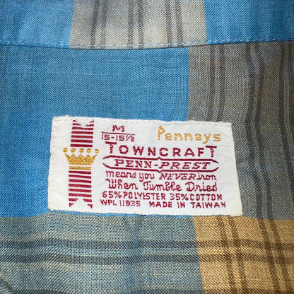 VTG 1960s Penneys Towncraft Blue Camp Loop Collar Shirt Rockabilly Button Plaid