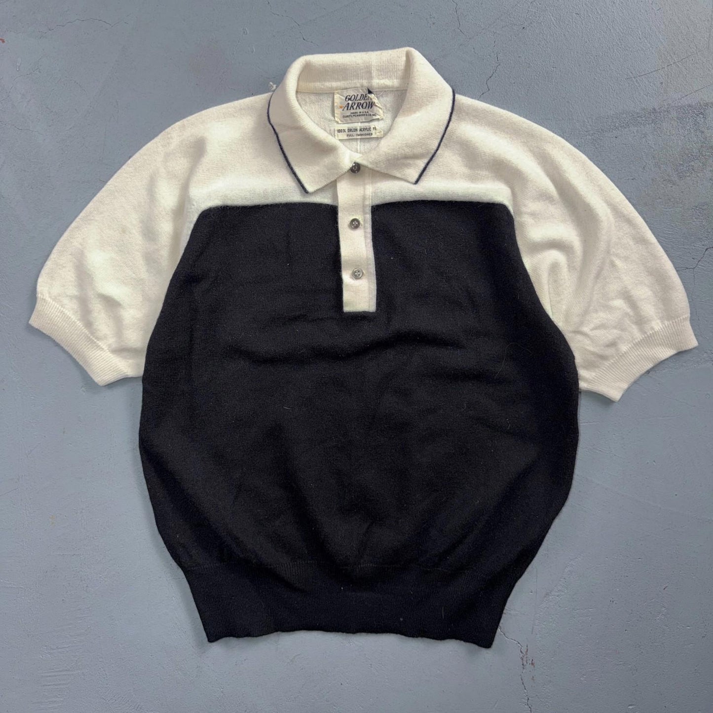 Vintage 1960s Cardigan Sweater Womens Sz M Black White Short Sleeve Polo 60s