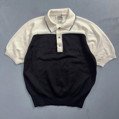 Vintage 1960s Cardigan Sweater Womens Sz M Black White Short Sleeve Polo 60s