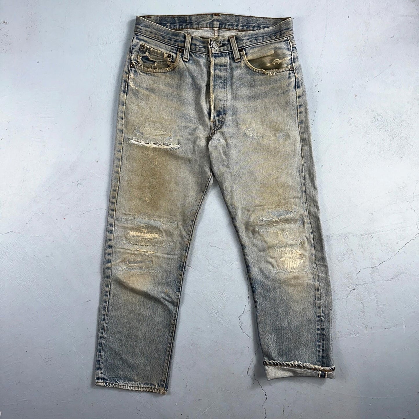 Levis 501 Vintage 80s Redline Selvedge USA XX Jeans Light Wash Thrashed Ac 29x26