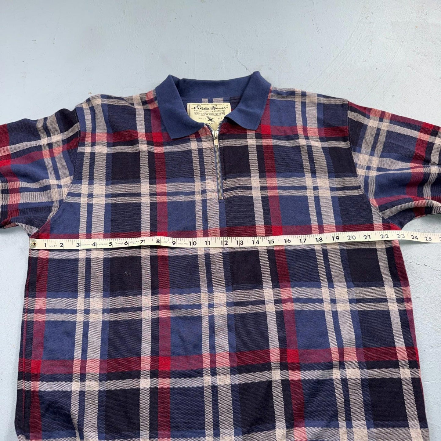 Vintage Eddie Bauer Plaid Quarter Zip Cotton Sweater Men’s M Red Blue Y2K
