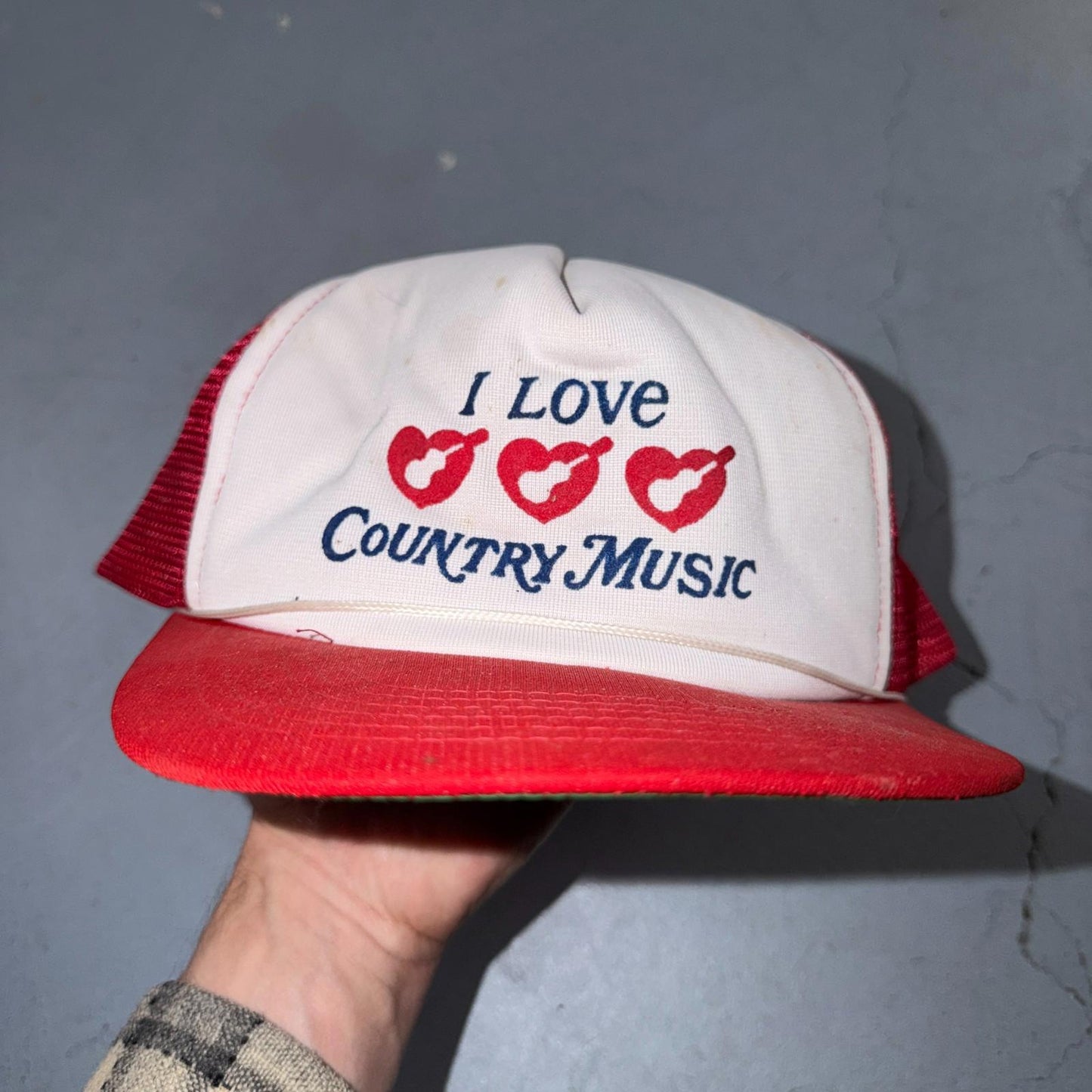 VTG I Love Country Music Trucker SnapBack VTG Hat Red Kisses Guitars Nashville