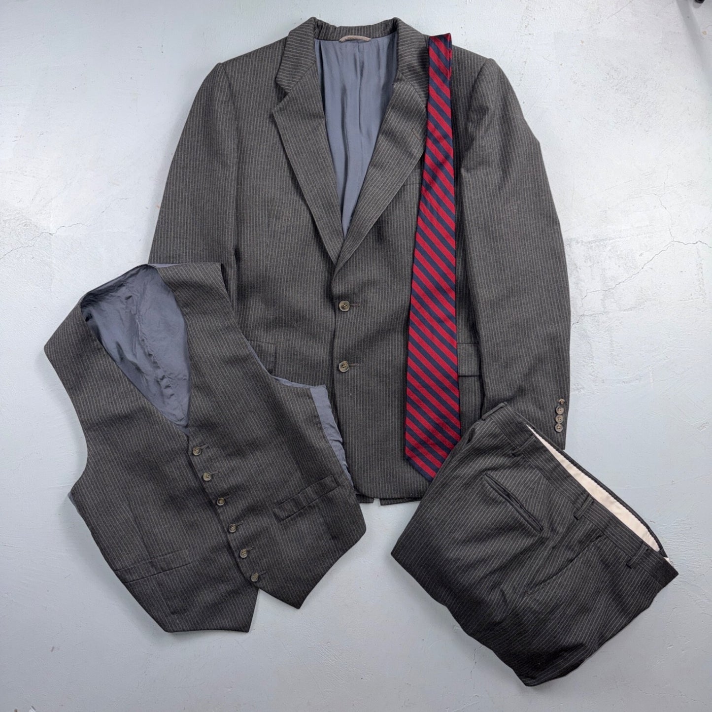 VTG 80s Christian Dior 3 Piece Suit 3pc Wool Gray Pinstripe 40 34x32 Pants Vest