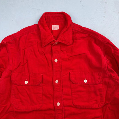 VTG 1940s Penneys Jacket Red Cotton Basic 40s 50s Flannel Shirt Rockabilly
