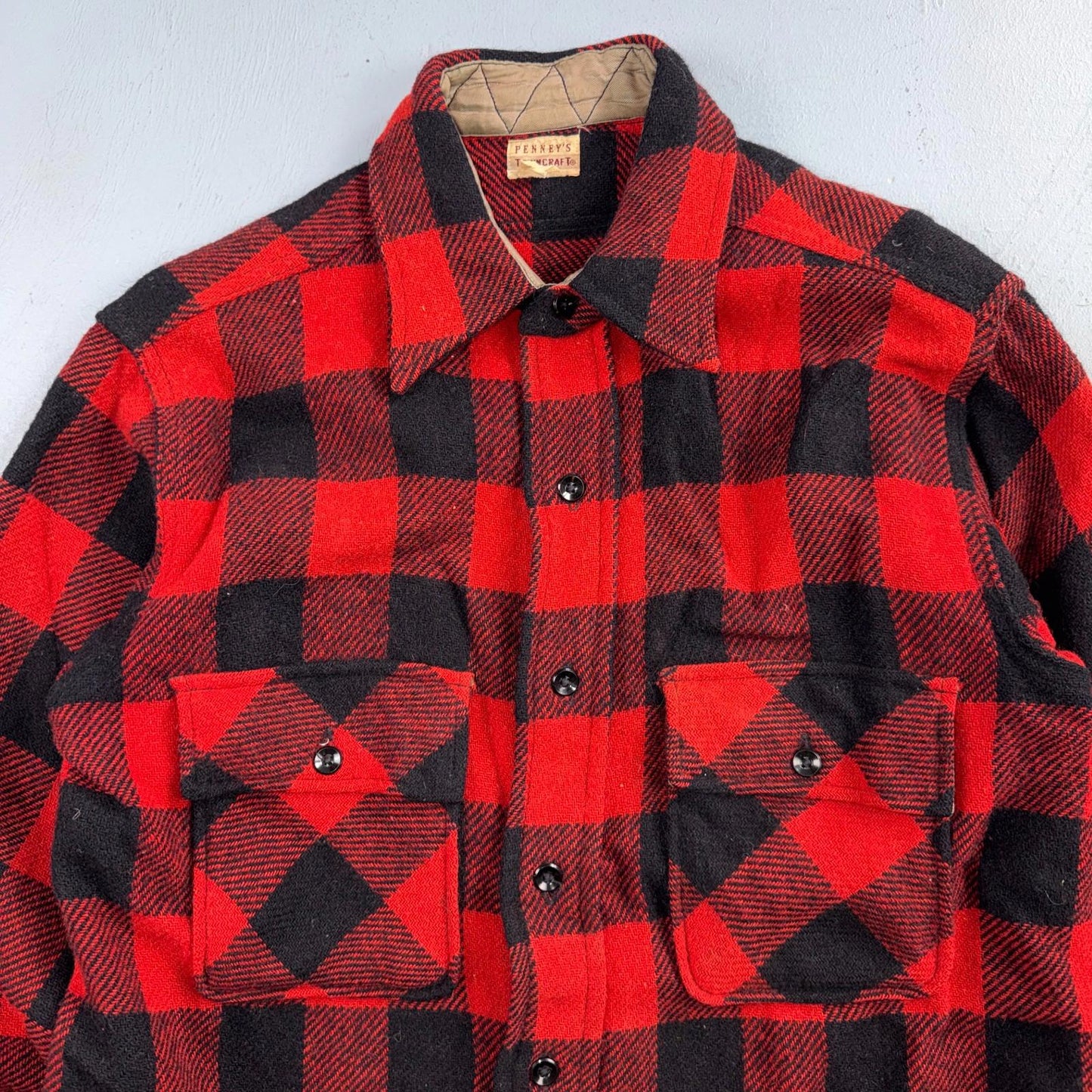 VTG 1940s Penneys Jacket Red Black Wool Buffalo Plaid 40s 50s Flannel Shirt Wool