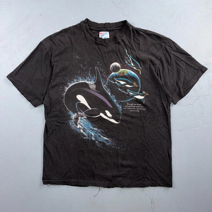VTG 1990s Harlequin Space Galaxy Wildlife Epic Dolphin Whale Animal T Shirt L