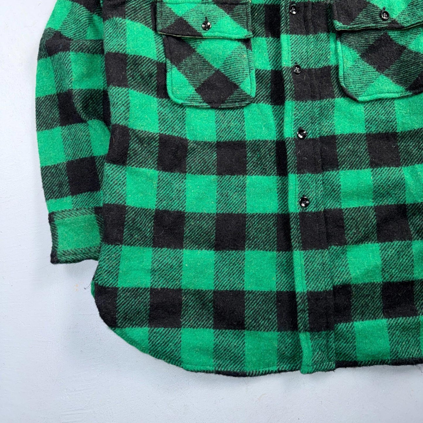 Vintage 1950s Five Brother Green Wool Buffalo Plaid Button Down Shirt Rockabilly