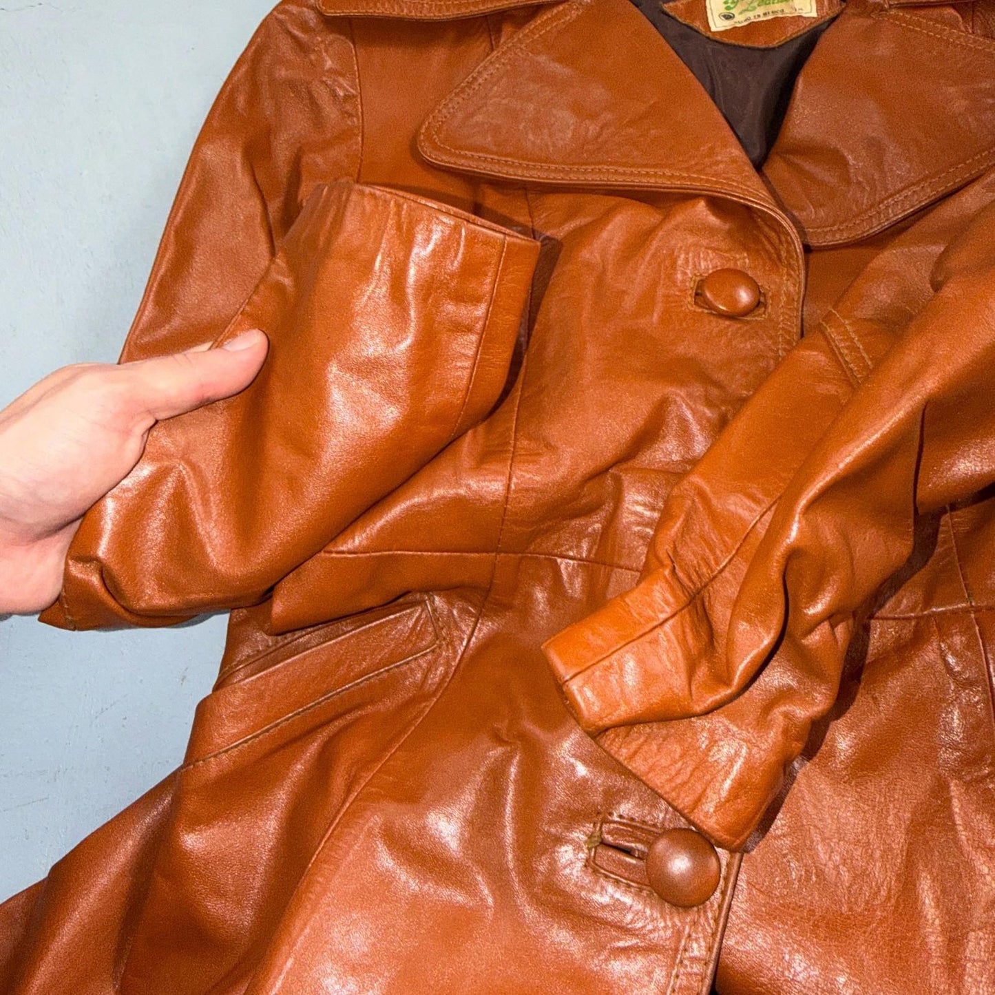 Genuine Leather Womens Brown Blazer Pea Coat Vintage Jacket 70s 80s Long Trench