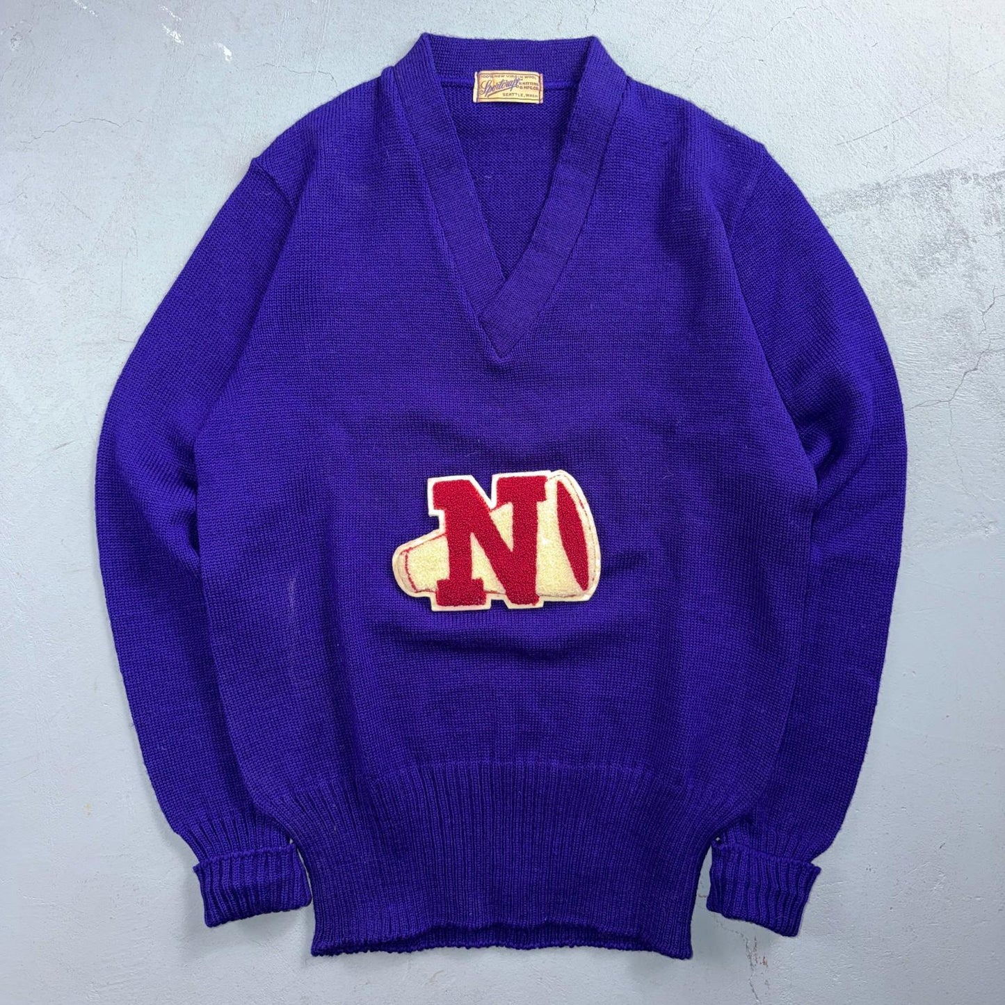 Vintage Sportcraft Knitting Cardigan Purple Wool College School Varsity Sweater