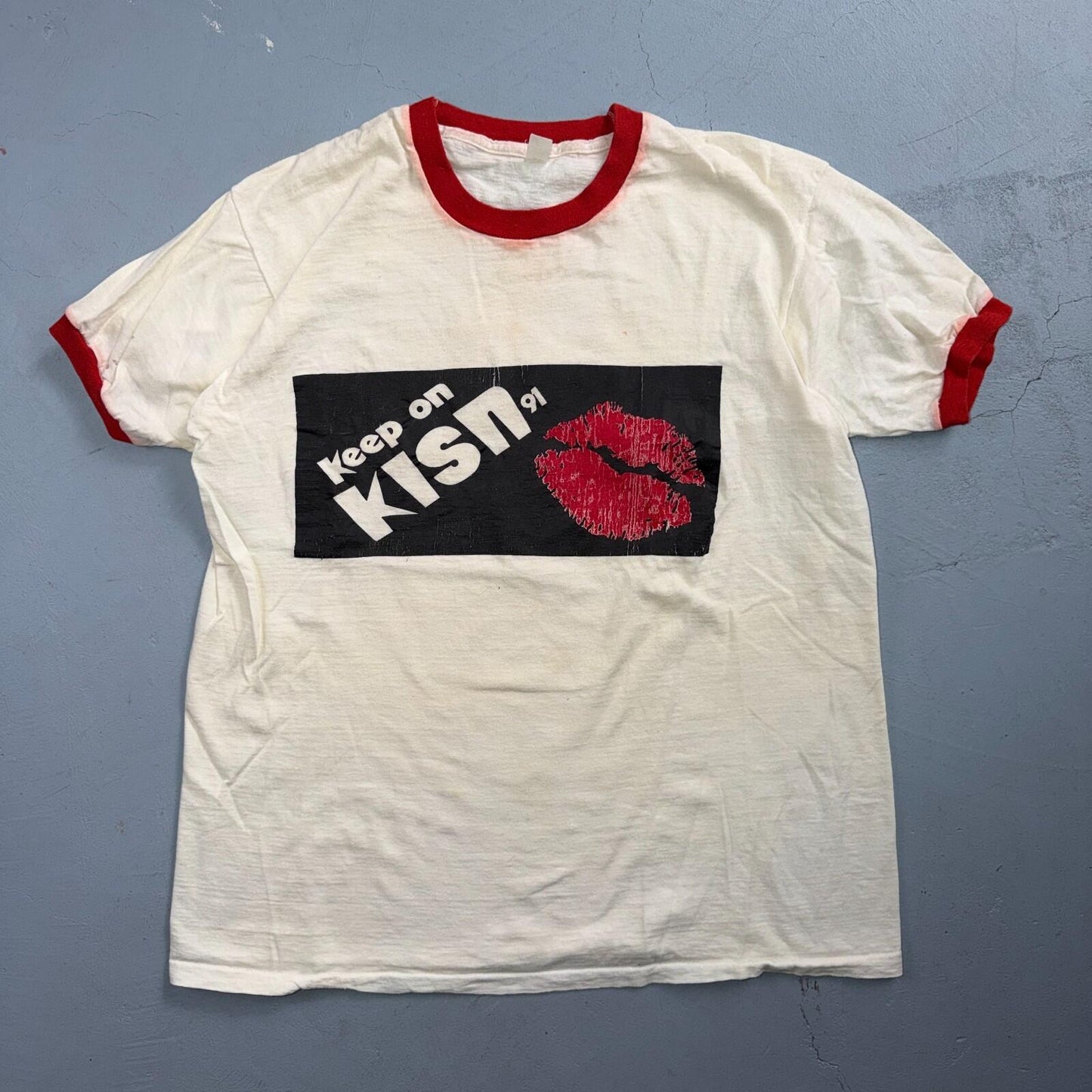 Keep On Kissing FM 91 VTG T Shirt 1991 90s Ringer XL USA Kisn Portland Oregon