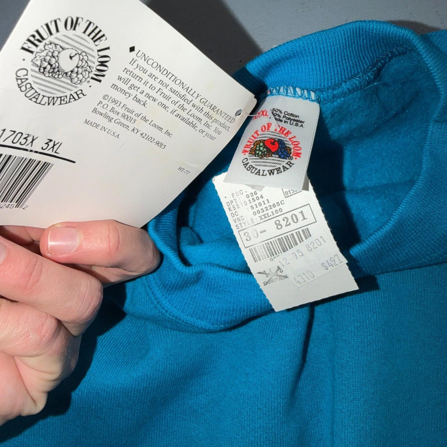 VTG FOTL Tags Sweatshirt Mens 3XL Blue Travel USA America Basic Deadstock
