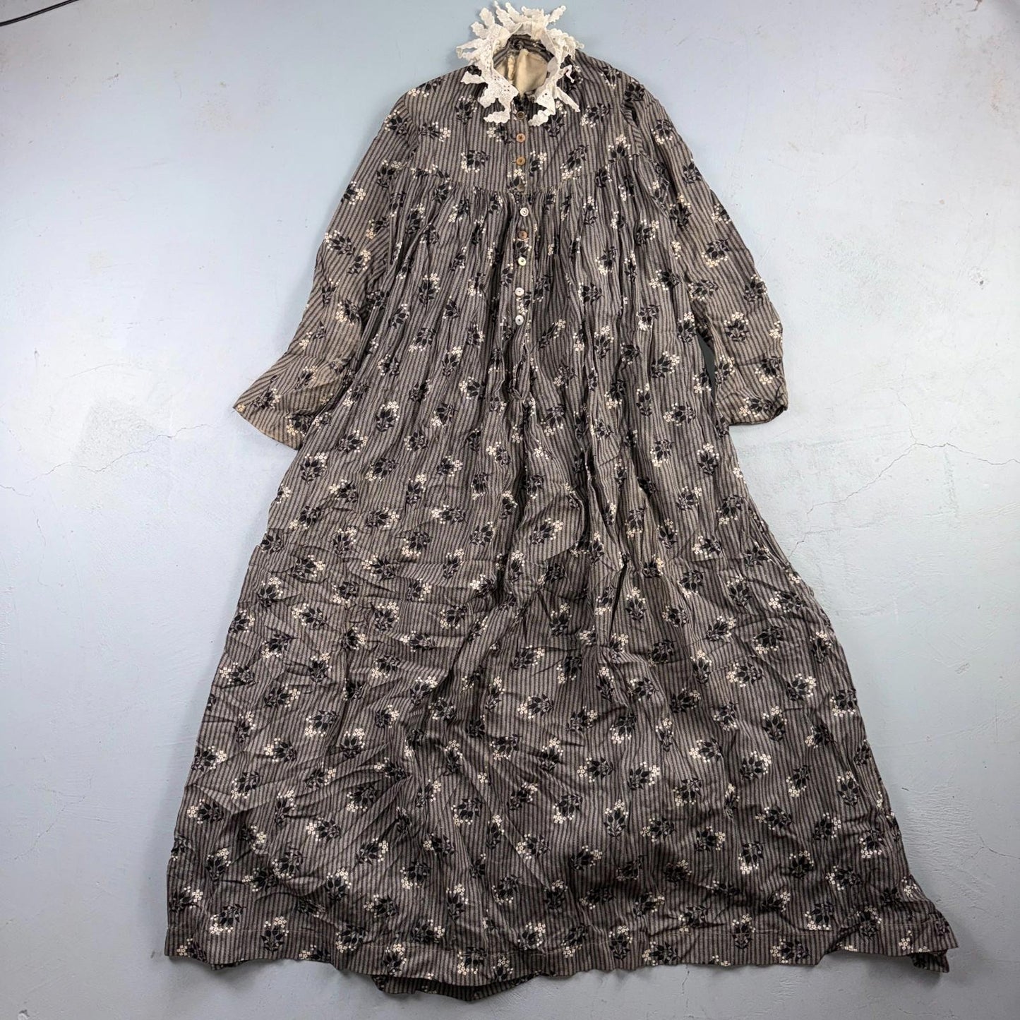 Antique Edwardian 1800s Calico Day Dress House Farm Dress Victorian 1900s Lace