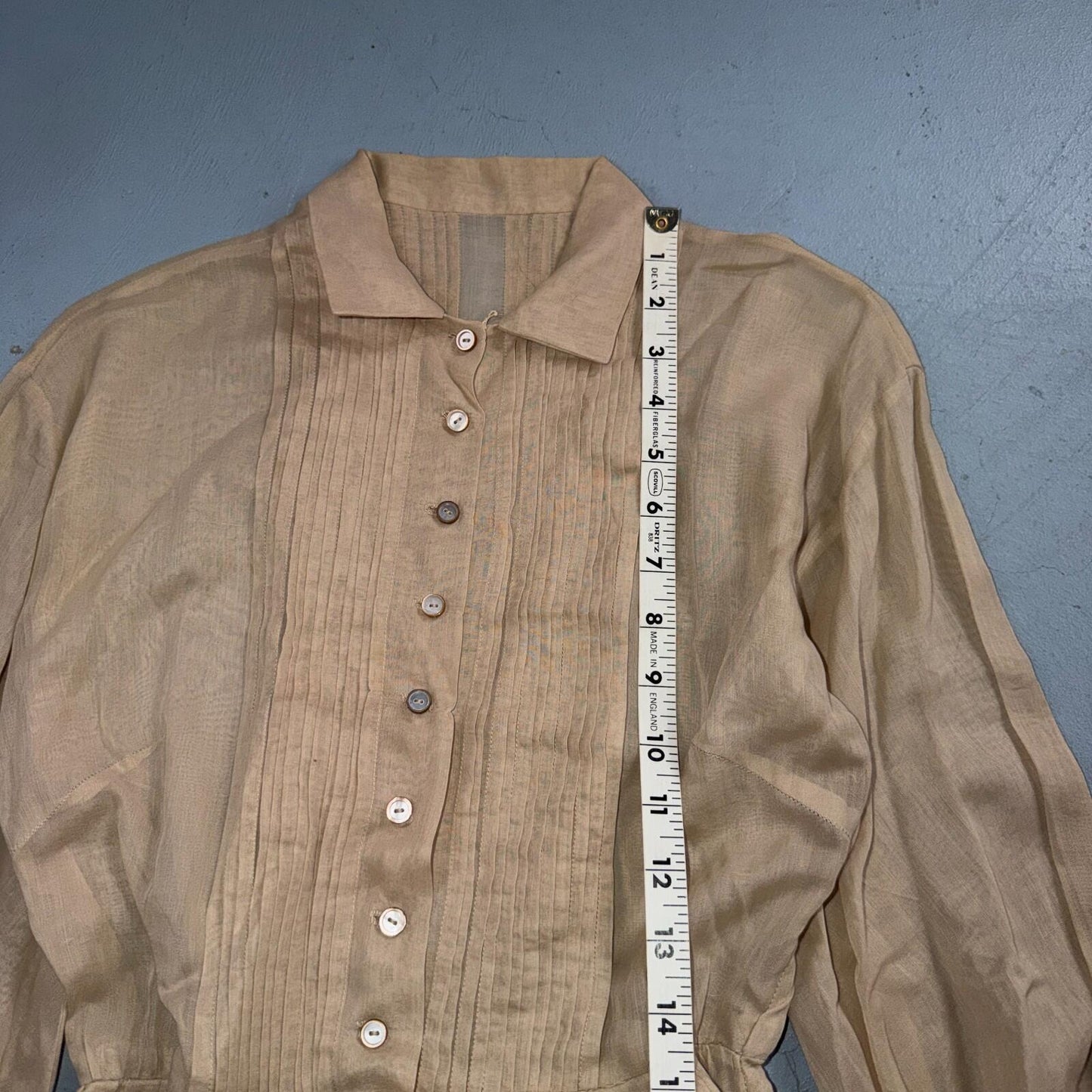 Vintage 1970s Shirtwaist Dress Beige Pleated Skirt Long Sleeve Belted Cute 70s