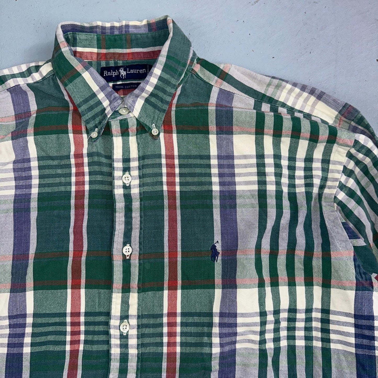 Ralph Lauren Heavy Cotton Button Down Casual Plaid Shirt Men Size XL Green VTG