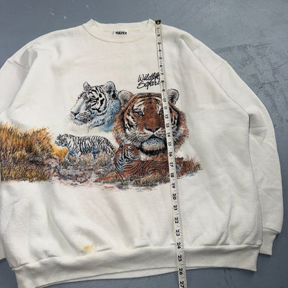 VTG 90s Wildlife Safari Tiger Sweatshirt White Tultex Made USA XL Big Cats AOP