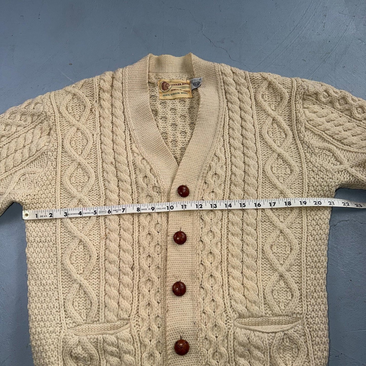 Bemidji VTG Woolen Mills Cream Cable Knit Cardigan Sweater Fisherman Boho 1970s