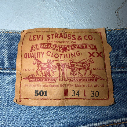 Levis 501 Vintage 90s USA XX Straight Leg Jeans Blue Light Wash 34x30 Act 33x26