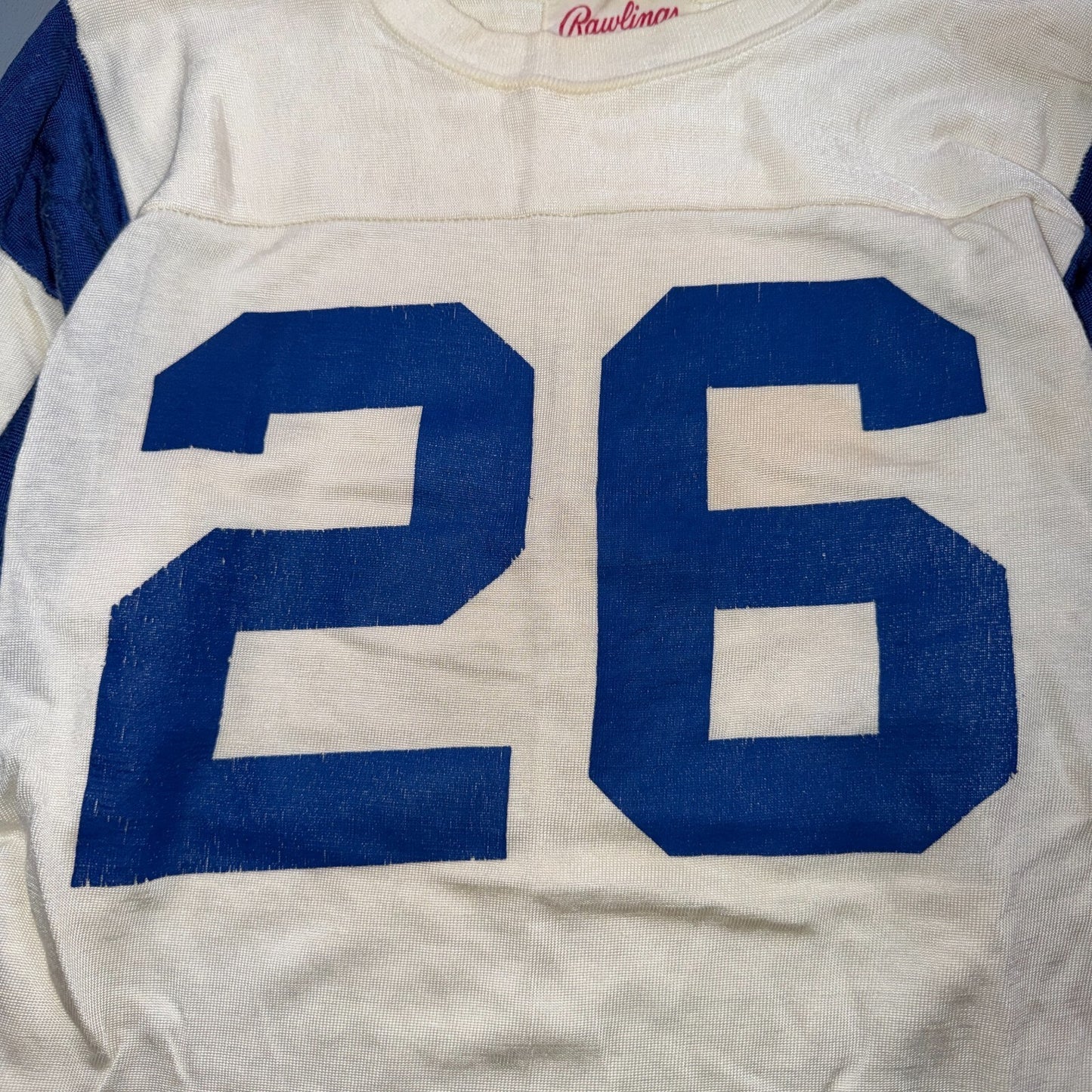 VTG Rawlings Football Jersey 26 White Blue USA Athletic T Shirt 1960s Rockabilly