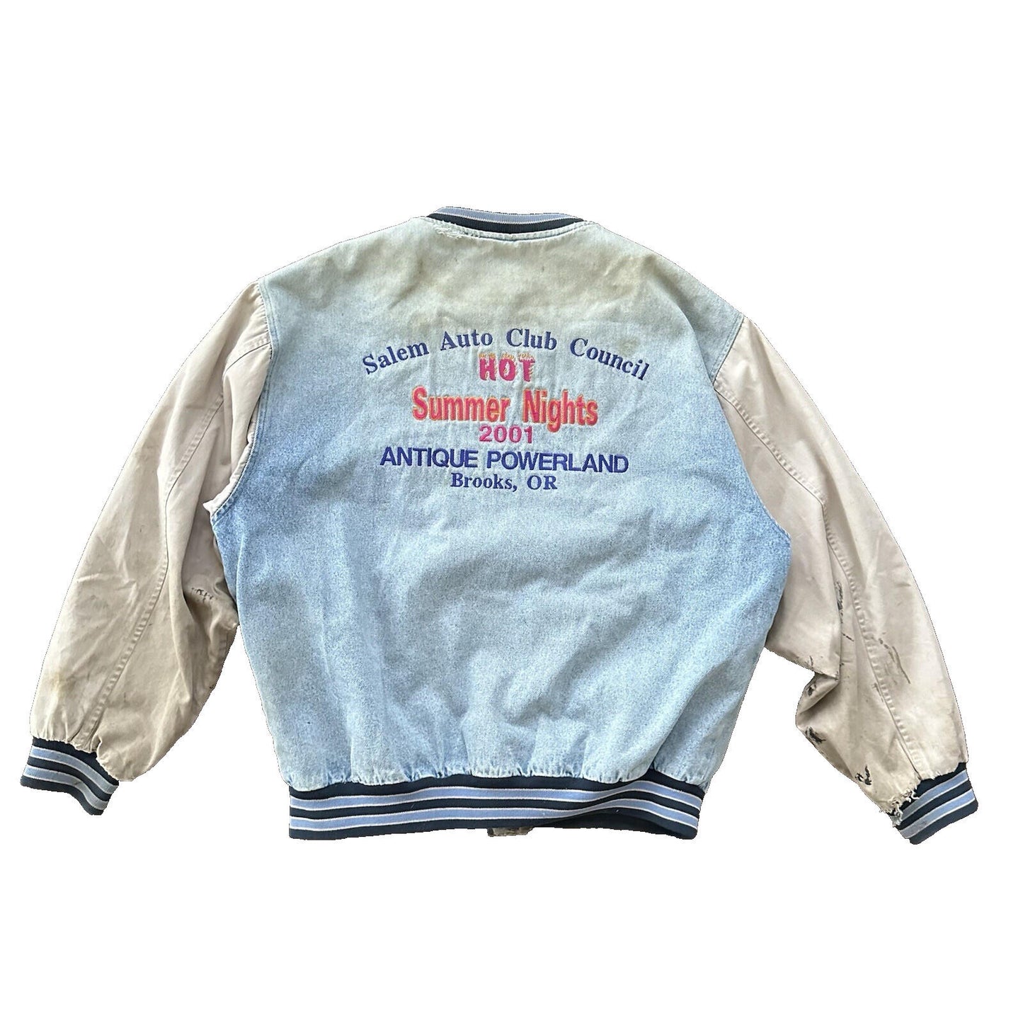 Vintage Oregon 90s Denim Varsity Jacket Bomber Salem Auto NASCAR Racing Thrashed