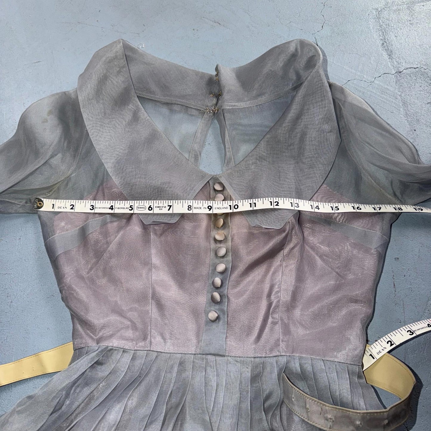 VTG 1950s Sheer Organza Dress Mauve Gray Full Skirt Union Made Party 50s Belted