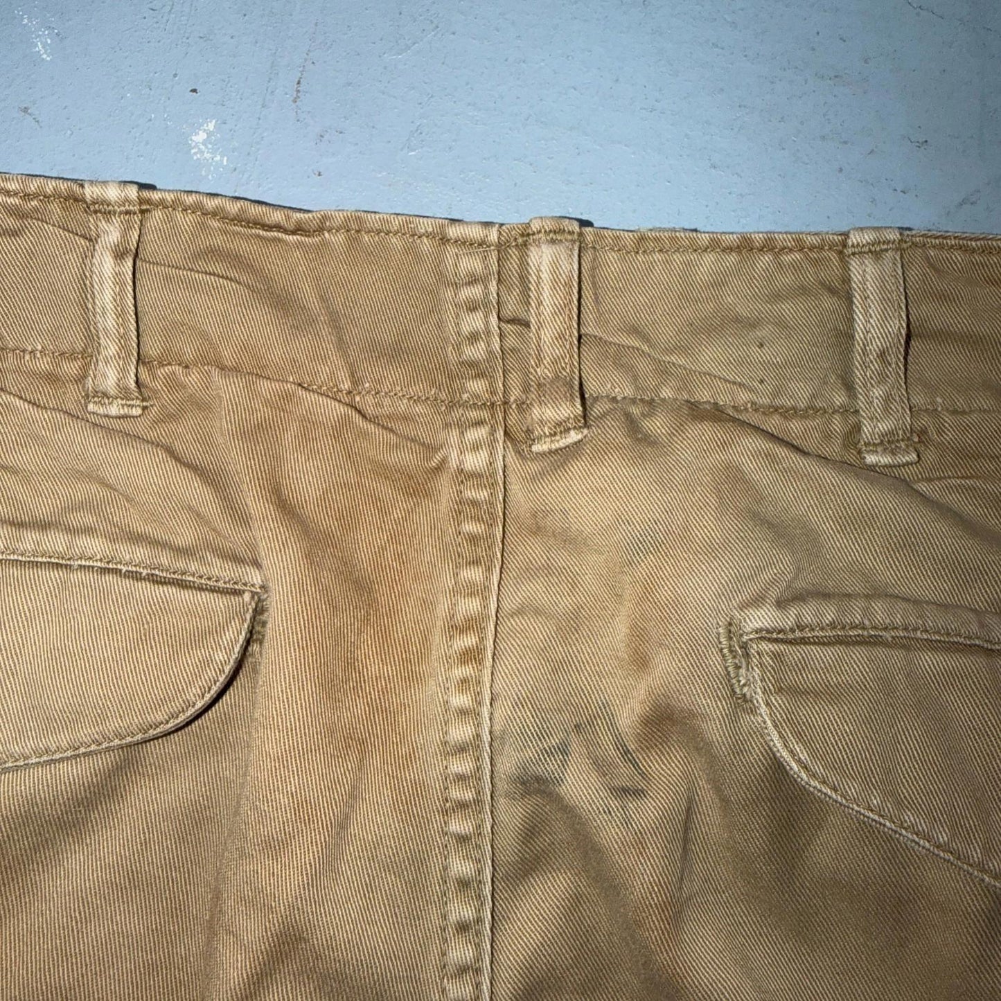 VTG 40s WWII Button Fly Cotton Military Trousers Chino Khaki Distressed 28x31