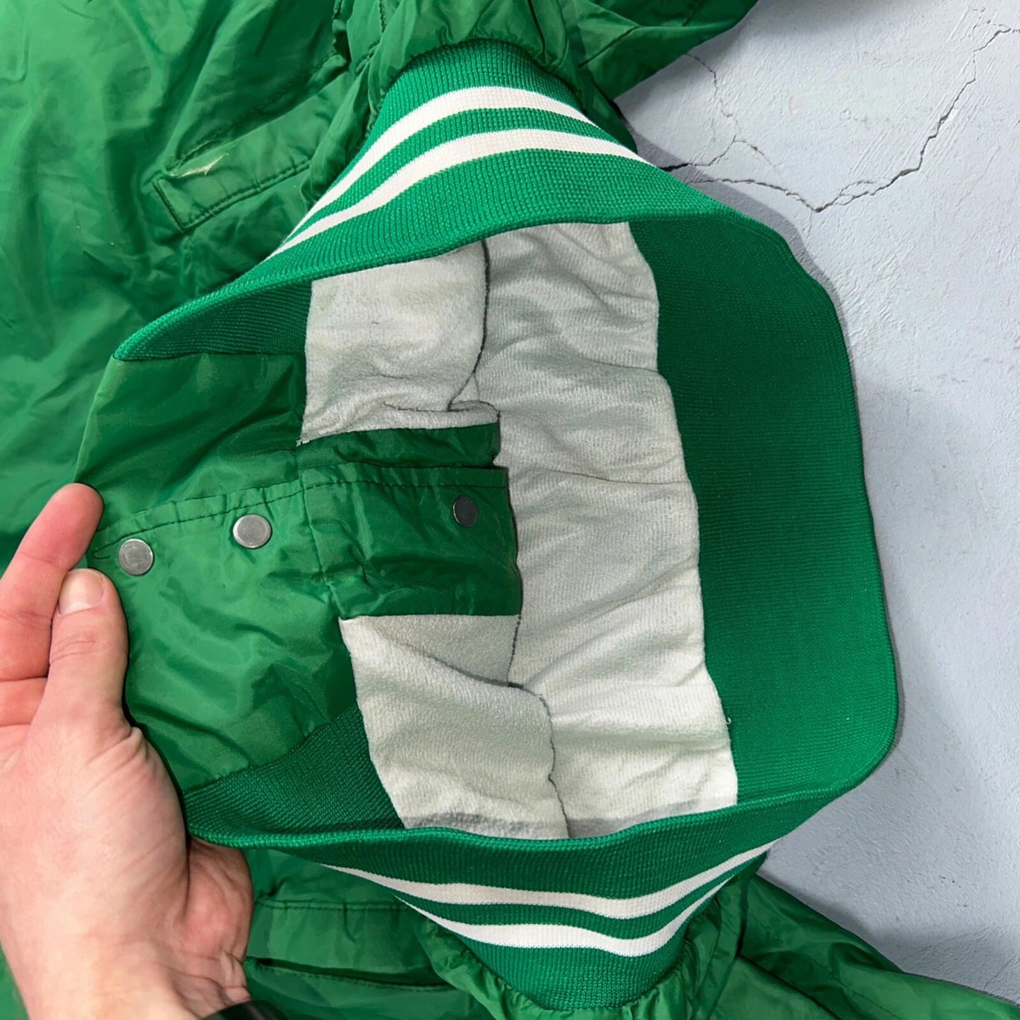 Vintage East Bay Classic Starter Satin Jacket Nylon 80s Green Chainstitch Cars