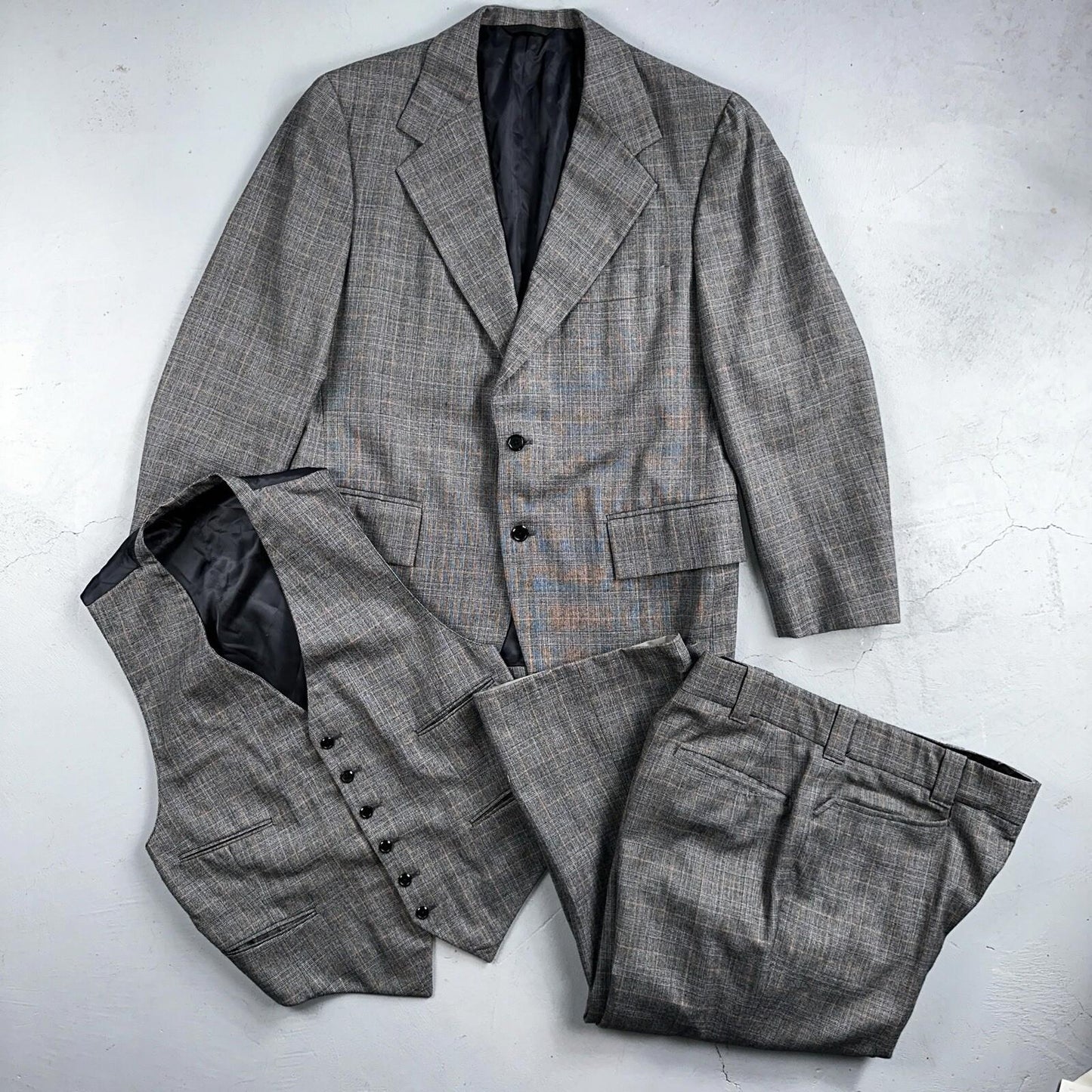 VTG Mens 3 PC Suit 42 Jacket Coat Pants Vest Plaid Rockabilly 70s 1970s Brown