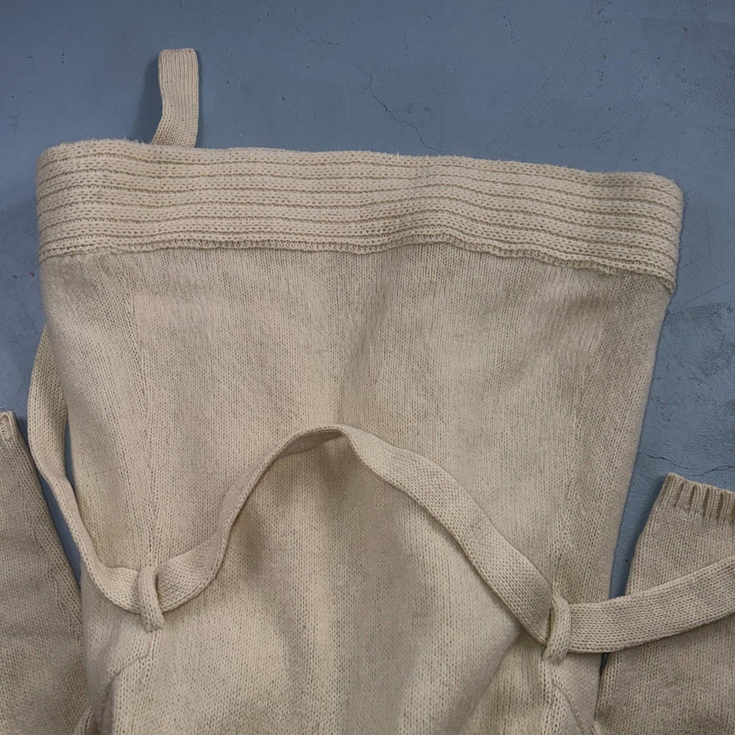 VTG 70s 80s Ribbed Knit Cardigan Open Belted Pockets Beige S/M Boho Chic