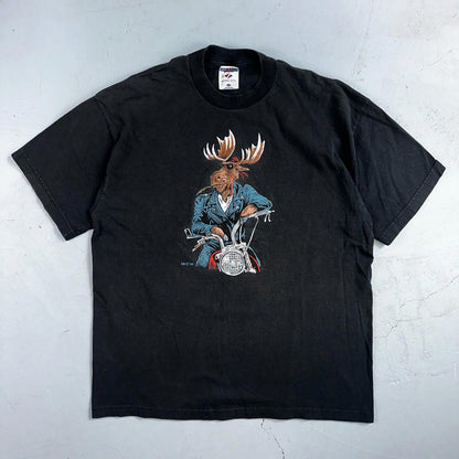 Moose Motorcycle Leather Jacket VTG T Shirt Cow Fell Off Funny Humor Biker Joke