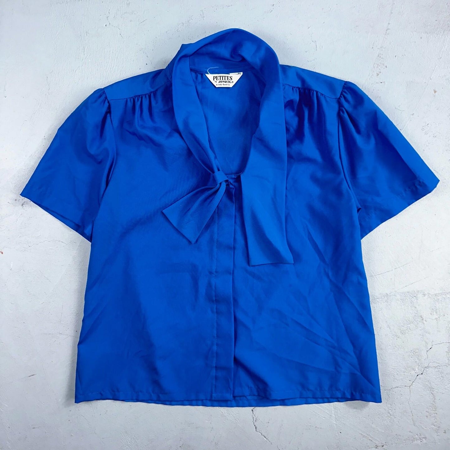 Jonquil Judy Bond Womens M Blouse Button Front Short Sleeve Blue 80s VTG