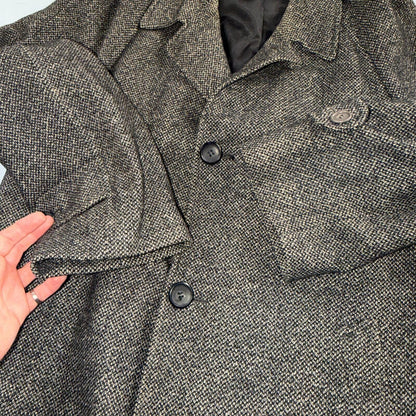 VTG 1950s 1960s Coat Trench Mens Gray Tweed Wool Rockabilly Overcoat Long Duster