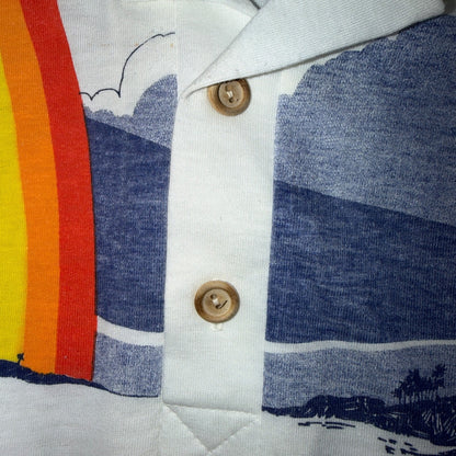 VTG 70s Wave Rainbow Landscape Long Sleeve Collared Polo Shirt Hawaii Aloha 80s