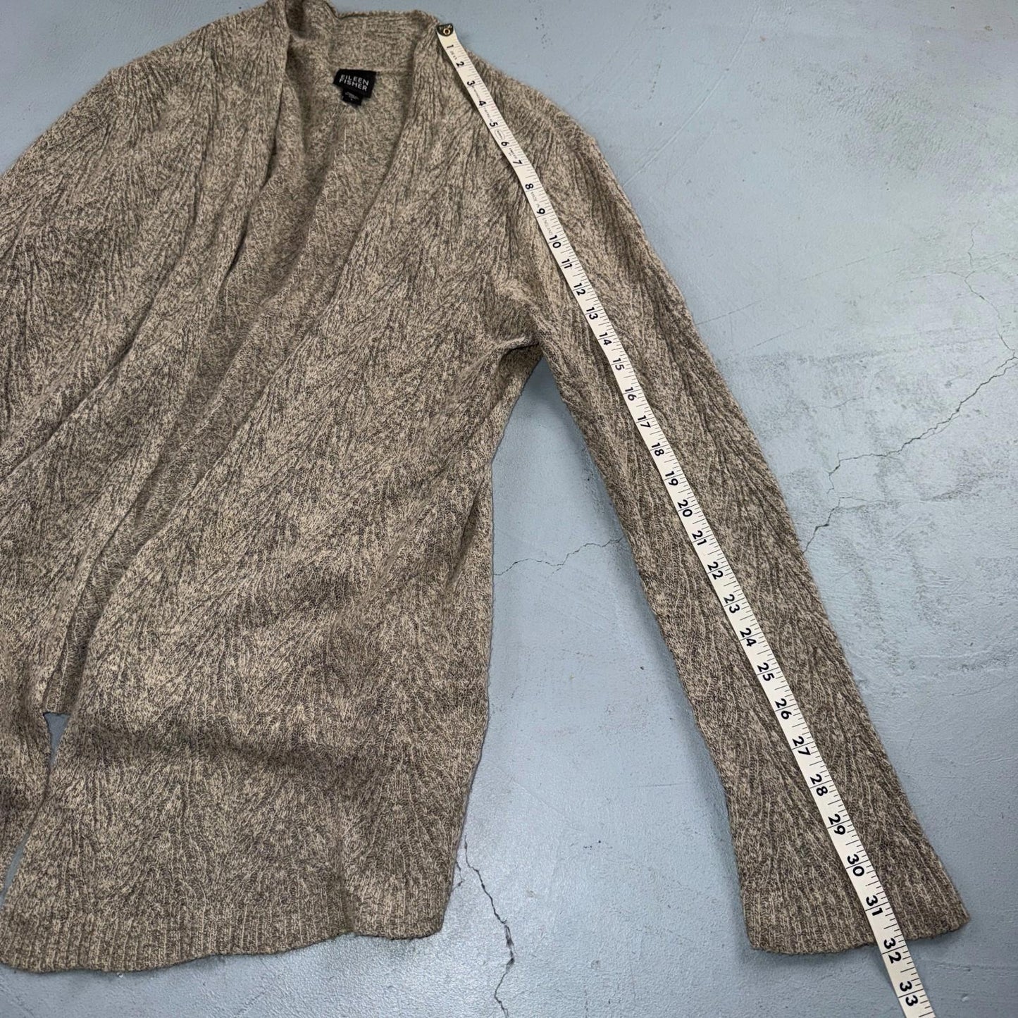 Eileen Fisher Womens Cardigan Sz Large Beige Black Loose Knit Linen Wool