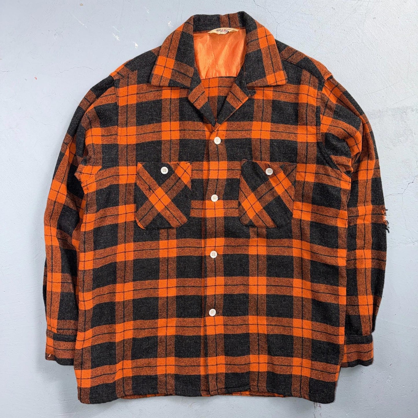 VTG 50s Fruit of Loom Shirt Orange Plaid Wool Button Loop Collar Rockabilly 1950