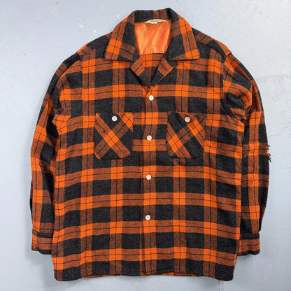 VTG 50s Fruit of Loom Shirt Orange Plaid Wool Button Loop Collar Rockabilly 1950