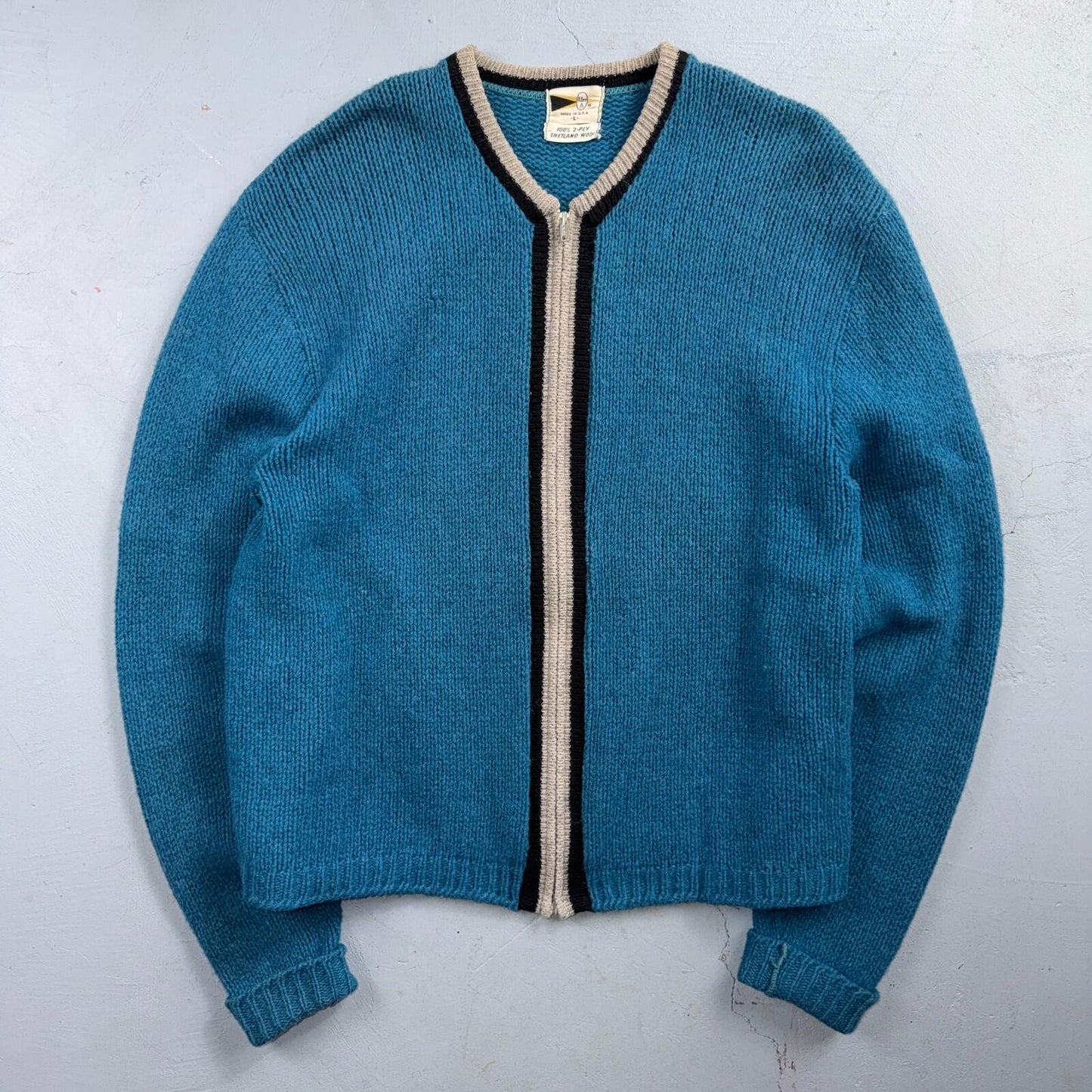 VTG Allen A 100% 2-Ply Shetland Wool Cardigan Sweater Rockabilly 60s 1960s Zip