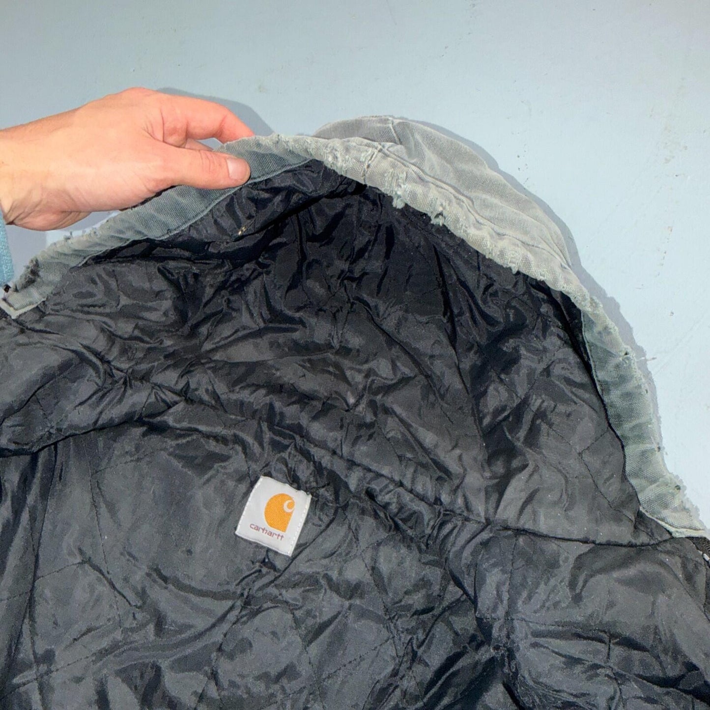 Vintage Carhartt Olive Green Hooded Jacket Bomber Coat Thrashed Faded 90s Y2K