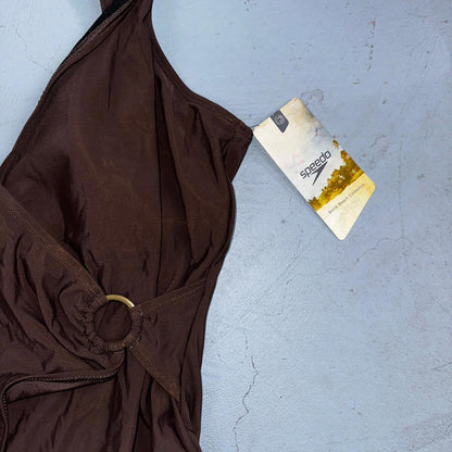 Speedo NWT Women 18 Swimwear Brown One Piece Ruched Logo Adult VTG