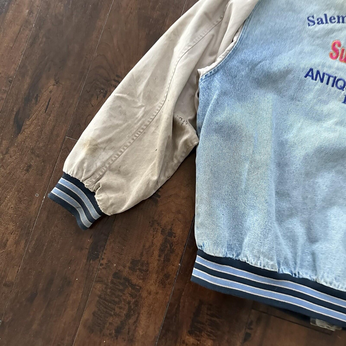 Vintage Oregon 90s Denim Varsity Jacket Bomber Salem Auto NASCAR Racing Thrashed